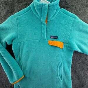 Patagonia Jacket Small Blue Fuzzy Soft Fleece Logo Pullover Women 1/4 Snap